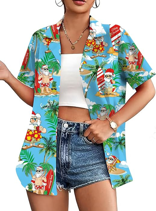 Christmas in July Shirt for Women Christmas Santa Ugly Graphic T-Shirts Summer Hawaiian Button Up... | Amazon (US)