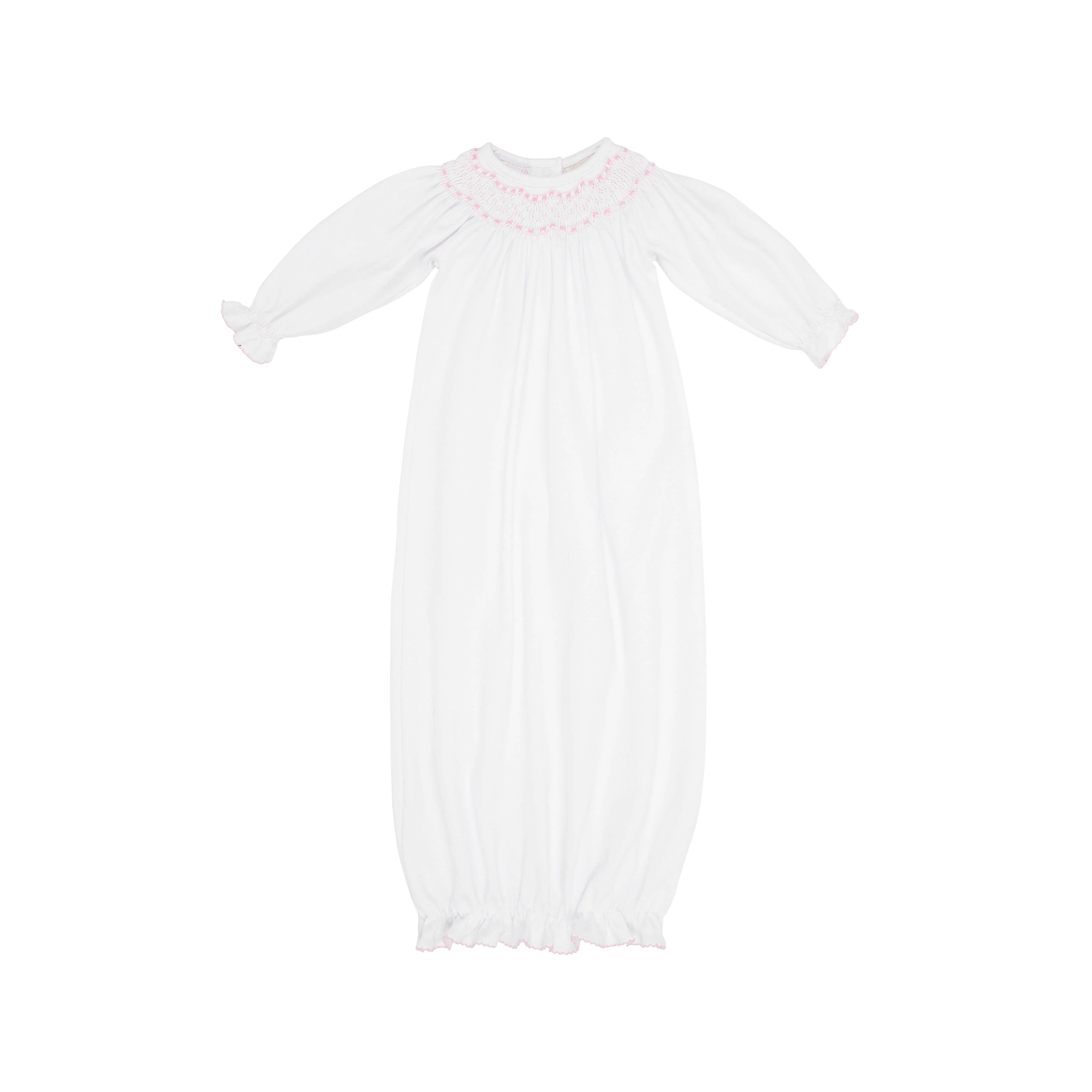 Sweetly Smocked Greeting Gown - Worth Avenue White with Palm Beach Pink | The Beaufort Bonnet Company