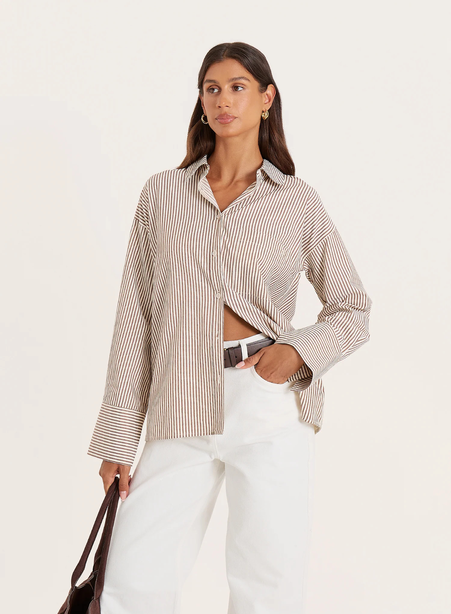 Women's White And Beige Stripe Cotton Tie Back Detail Shirt | Frankie | 4th & Reckless | 4th & Reckless