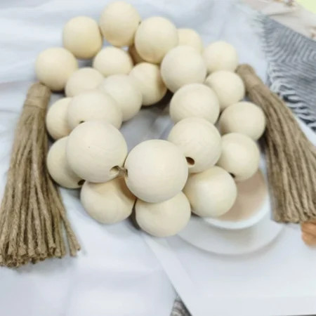 Large Wood Bead Garland with 1.6" Diameter Wooden Beads and Tassels, Decorative Beads Boho Decorations for Home, 51" Long Rustic Farmhouse Country Wood Beads Garland for Home Tiered Tray Decor | Walmart (US)