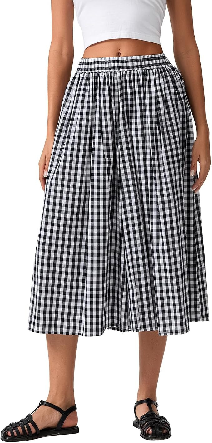 Women's Gingham Skirt Pants Wide Leg Elastic Waist Capri Culottes Pants Trendy Going Out Bottoms ... | Amazon (US)