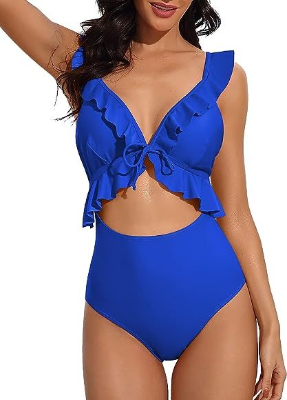 SOCIALA Womens Ruffle Cut Out One Piece Swimsuits Strappy Monokinis Swimwear Bathing Suits | Amazon (US)