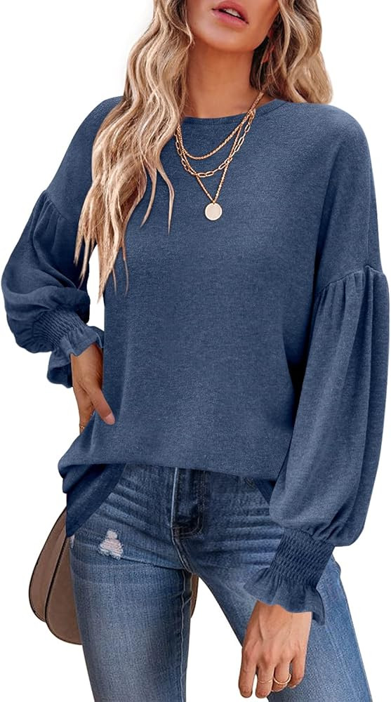 MIHOLL Womens Long Sleeve Tops Crew Neck Ruffle Lantern Sleeve Casual Loose Blouse T Shirts | Amazon (US)