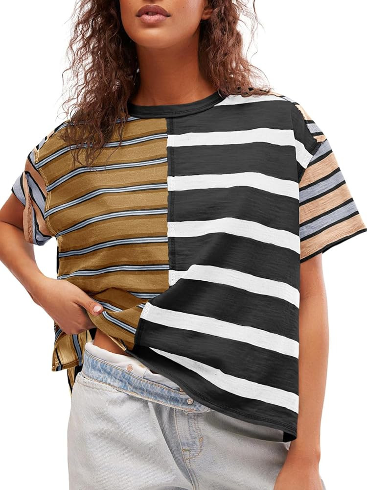 Tankaneo Womens Summer Striped Shirts Casual Color Block Short Sleeve Tops Loose Fit Crew Neck Te... | Amazon (US)
