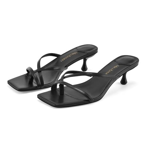 MIRAAZZURRA Flip Flop Heels Black Kitten Heel Sandals Thong Mules Heels Square Open Toe Low Heel Slip On Slides for Women Black Size 6 | Amazon (US)