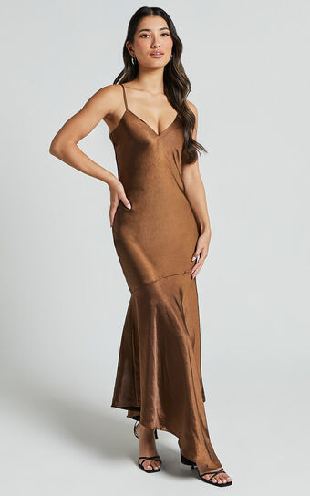 Etienne Midi Dress - Asymmetric Hem Satin Slip Dress in Chocolate | Showpo (US, UK & Europe)