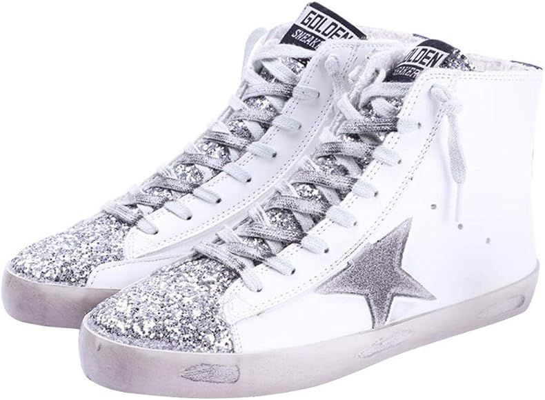 Women's High Top Fashion Flat Sneakers Distressed Design Lace up Star Glitter Shoes | Amazon (US)