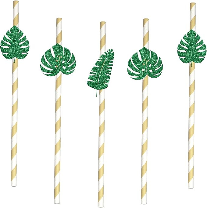 Palm Leaf Paper Straw Decor, Hawaiian Luau Party Paper Straw, Tropical Jungle Leaves Party Decor,... | Amazon (US)