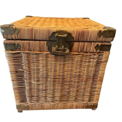 VINTAGE WICKER BRASS RATTAN CHINOISERIE STYLE TRUNK CHEST  16” CUBE BOHO | eBay US
