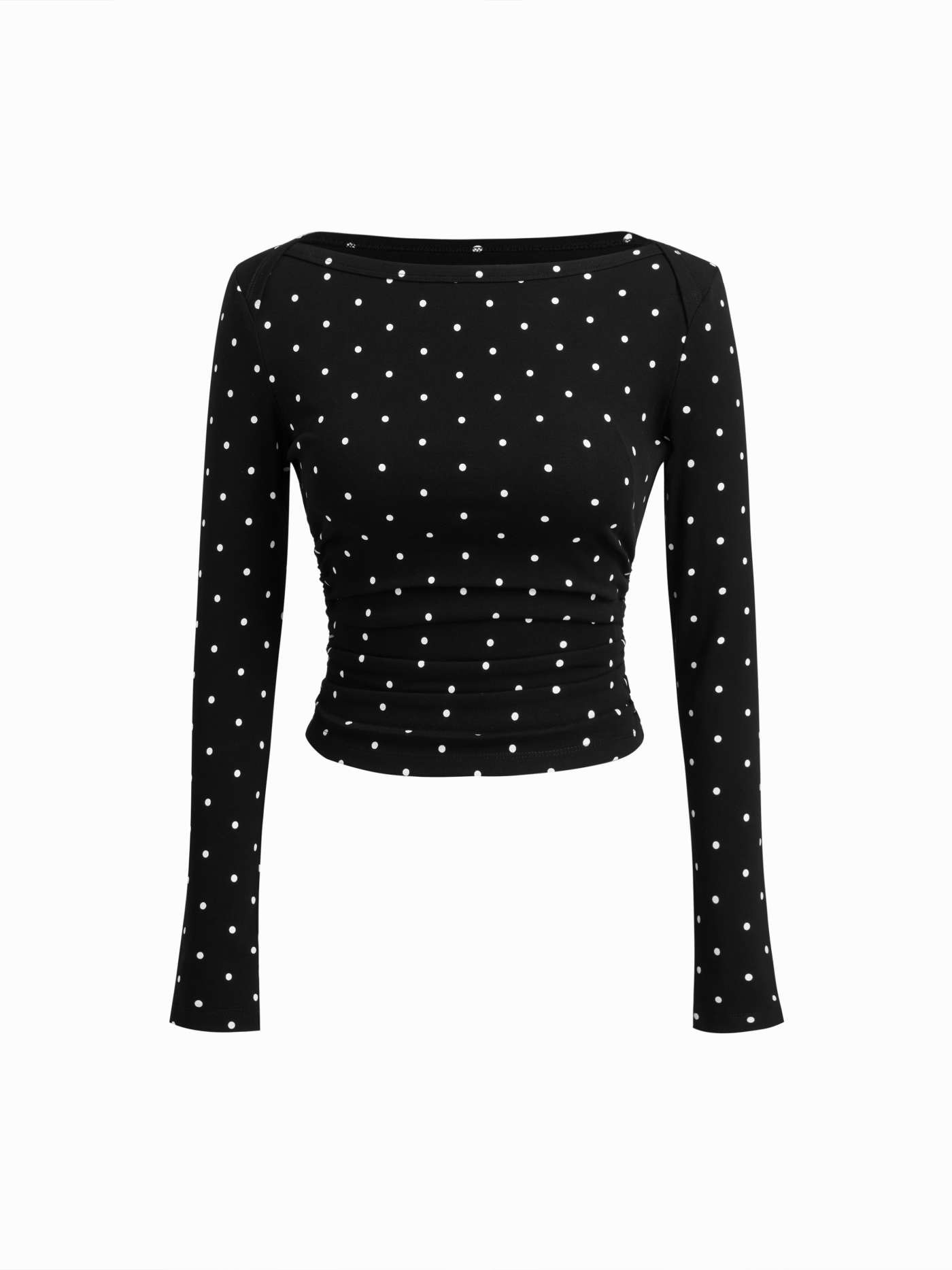 Knit Fabric Cotton-blend Polka Dot Boat Neck Long Sleeve Ruched Top For Daily Casual | Cider