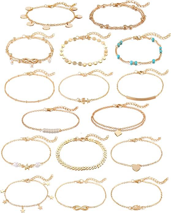 Softones 16Pcs Ankle Bracelets for Women Girls Gold Silver Two Style Chain Beach Anklet Bracelet ... | Amazon (US)