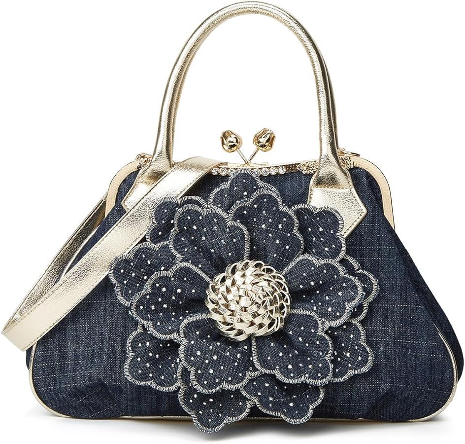 Womens Denim Kiss Lock Tote Handbag Large Rhinestone Flower Clutch Crossbody Shoulder Bag Elegant... | Amazon (US)