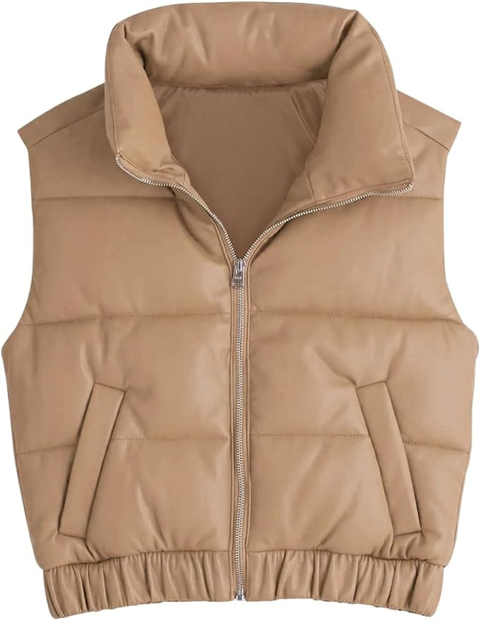 Fisoew Womens Faux Leather Puffer Vest High Stand Collar Zip Up Sleeveless Winter Cropped Jacket ... | Amazon (US)