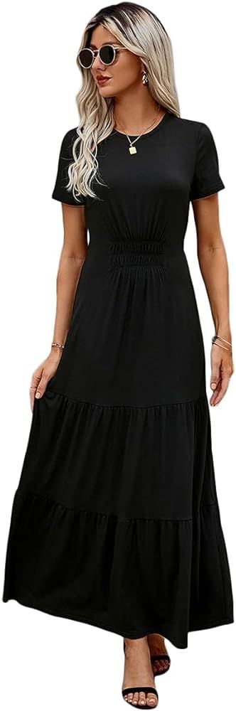 SheIn Women's Ruched High Waist Ruffle Round Neck Short Sleeve Maxi Dress | Amazon (US)