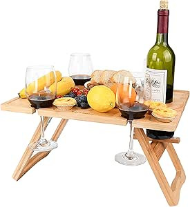 Tirrinia Bamboo Wine Picnic Table, Ideal Wine Lover Gift, Large Folding Portable Outdoor Snack & ... | Amazon (US)