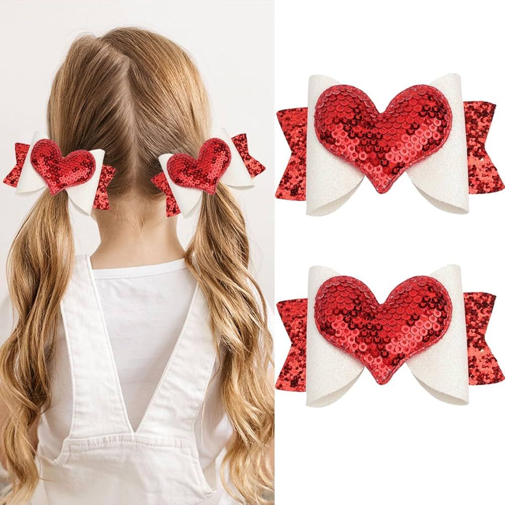 2PCS Valentine's Day Hair Clips Love Heart Sequins Bows Hair Pins Red Heart Sequins Hairgrips for... | Amazon (US)