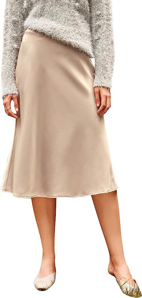Verdusa Women's Elegant High Waist Satin A Line Flared Midi Skirt | Amazon (US)