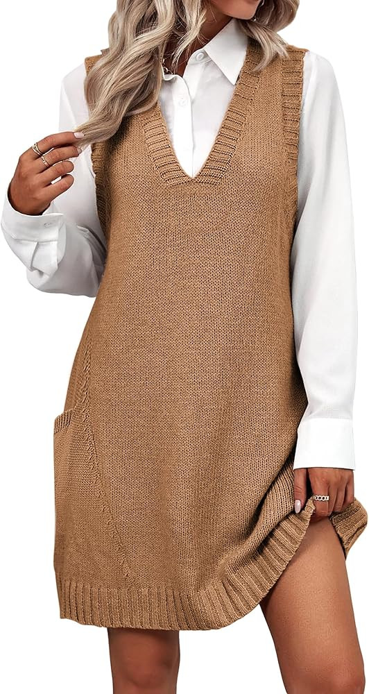 Zeagoo Womens Sweater Vest Dress Pattern Knitted Pullovers Sweaters V Neck Tank Sweater Dress wit... | Amazon (US)