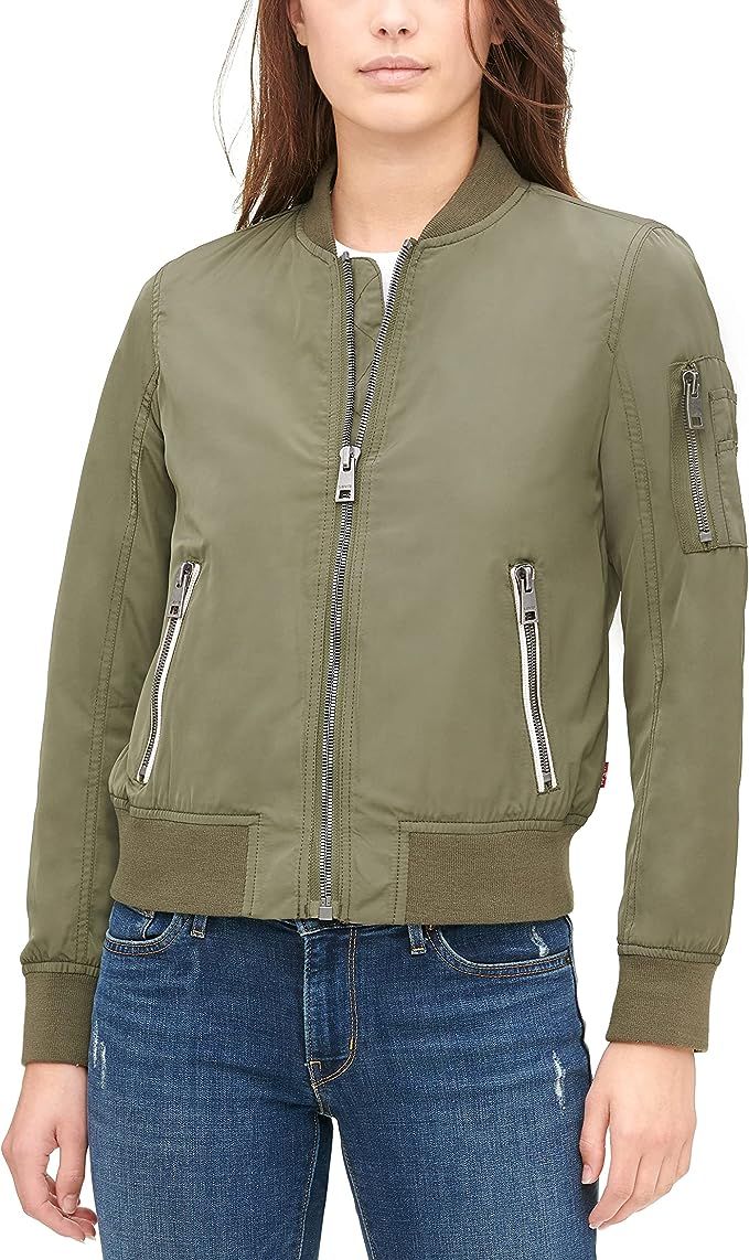 Amazon.com: Levi's Women's Poly Bomber Jacket with Contrast Zipper Pockets, Army Green, Small : C... | Amazon (US)