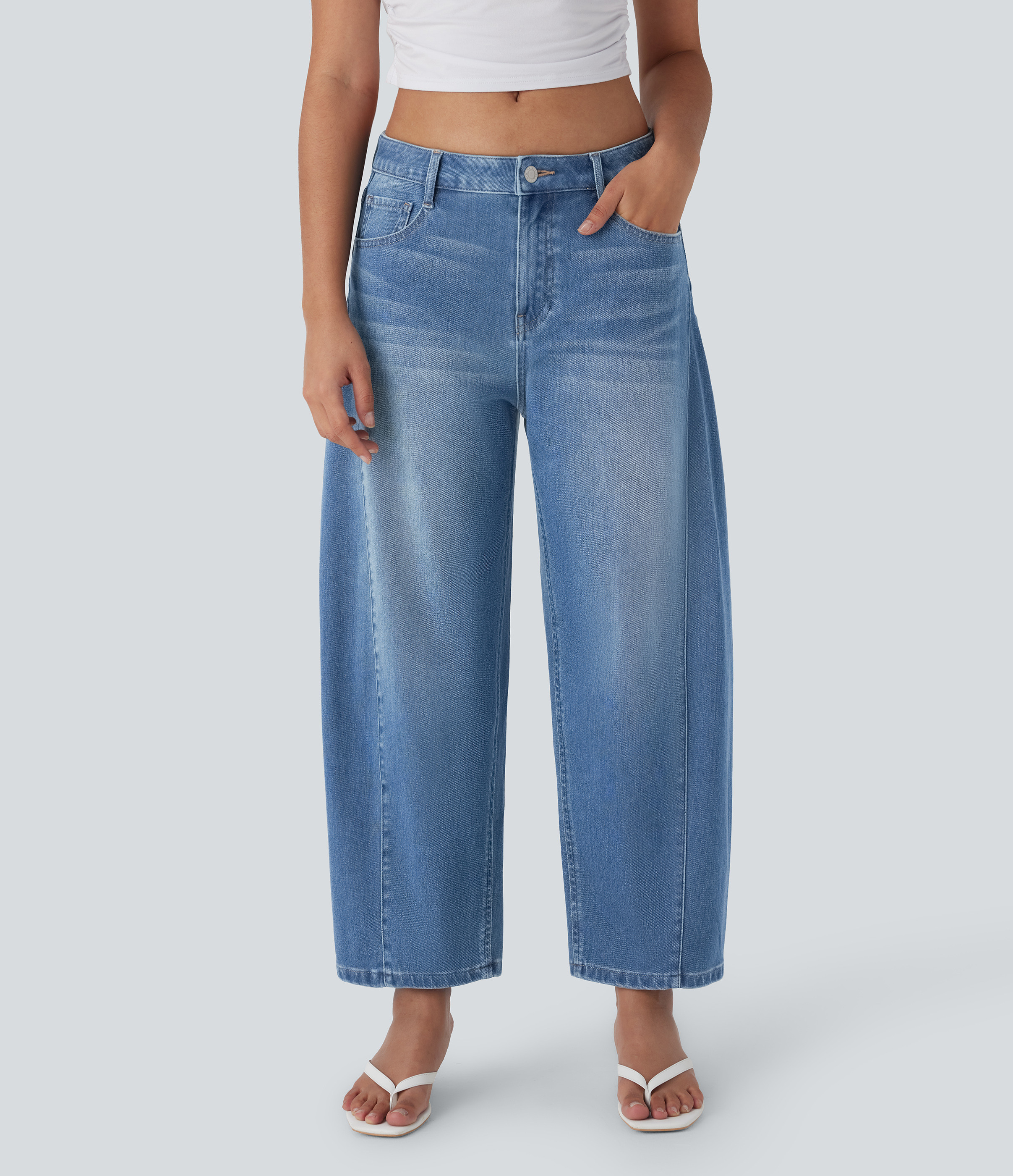 Halara Halara Flex™ Mid Rise Washed Casual Barrel Leg Jeans with Pockets - Blue Surf Denim - XS(regular) | HALARA