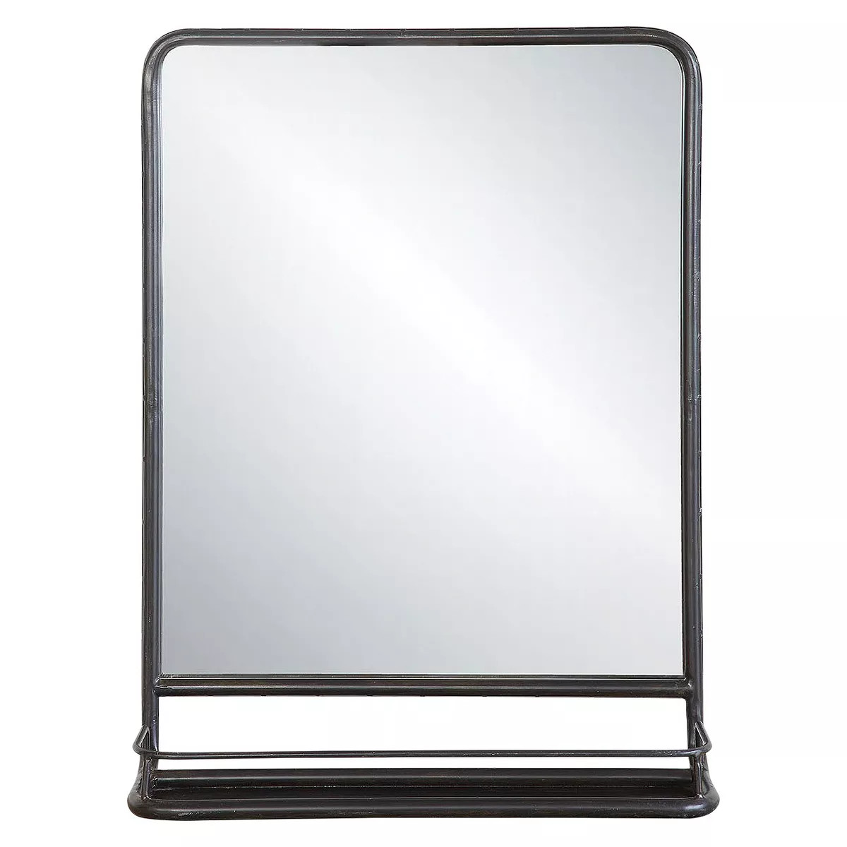 19.5" x 27.5" Metal Framed Wall Mirror with Shelf Black - Storied Home: Industrial Style, Curved ... | Target
