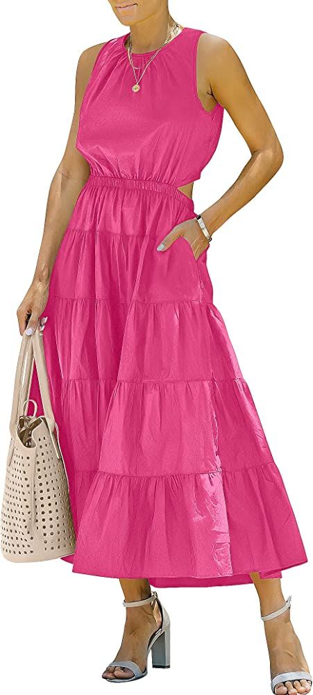 ANRABESS Womens Summer Sleeveless Cutout Maxi Dress Crewneck Tiered Flowy A-Line Sundress with Pocke | Amazon (US)