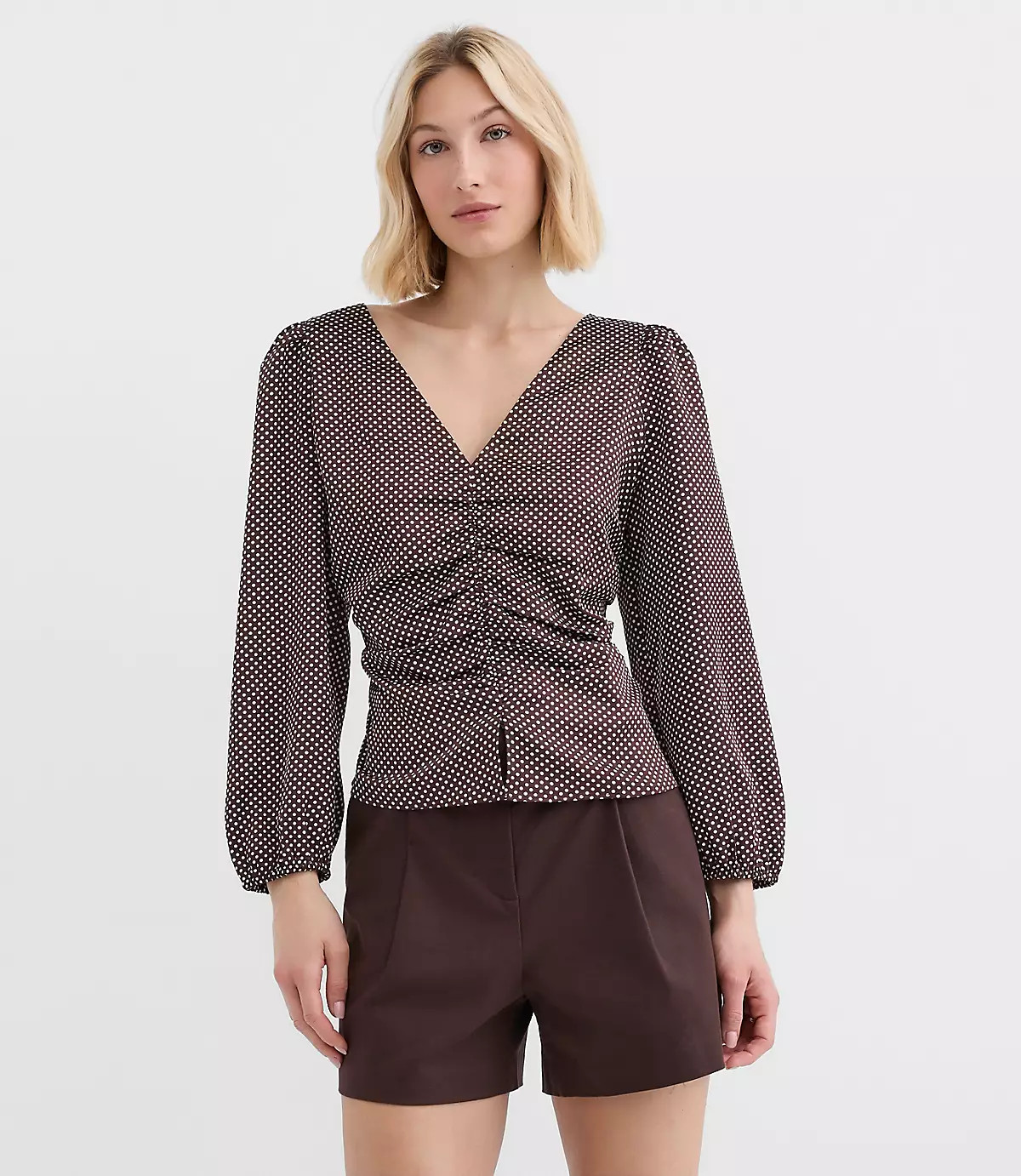Pindot Ruched Blouse | LOFT