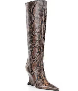 Schutz Siena Snake Print Leather Knee High Wedge Boots | Dillard's | Dillard's