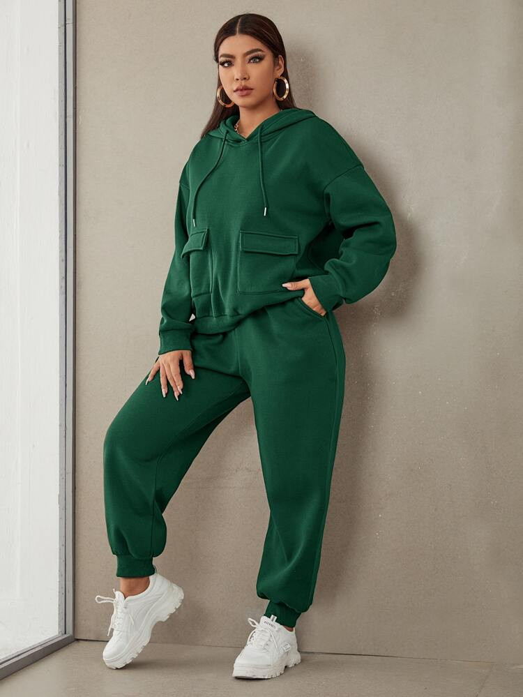 Plus Flap Pocket Drop Shoulder Drawstring Thermal Hoodie & Sweatpants | SHEIN