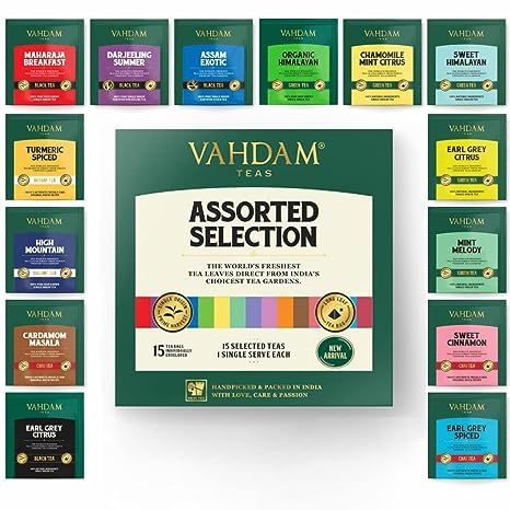 VAHDAM, Tea Variety Pack- 15 Flavors, 1 Tea Bag each | Tea Sampler- Black Tea, Green Tea, Oolong ... | Amazon (US)