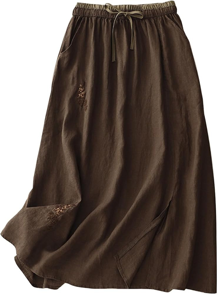 Womens Linen Cotton Skirts Drawstring Elastic Waist Comfy Loose Boho Skirts with Pockets Lightwei... | Amazon (US)