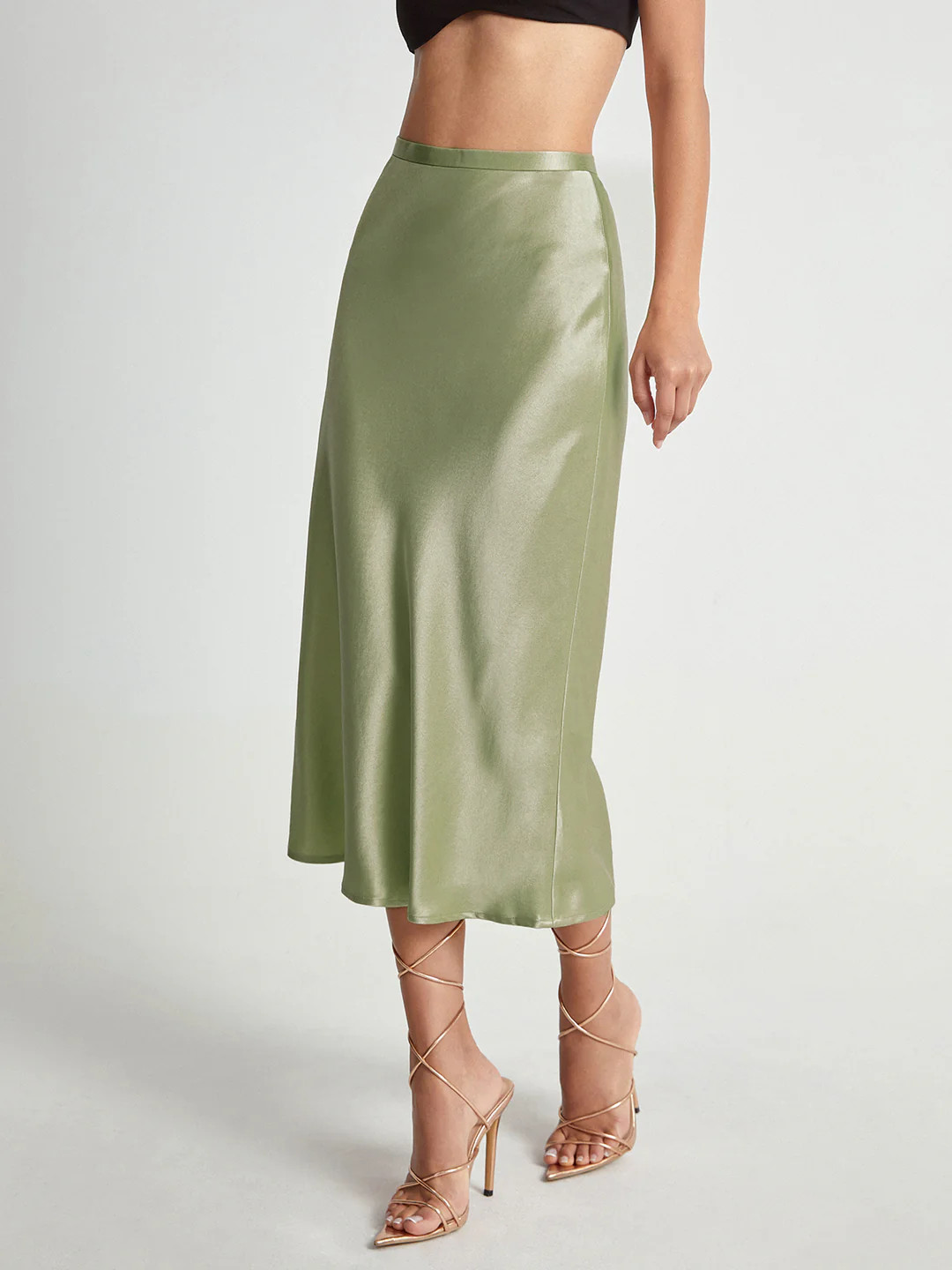 High Waisted Satin Flowy Midi Skirt | Commense