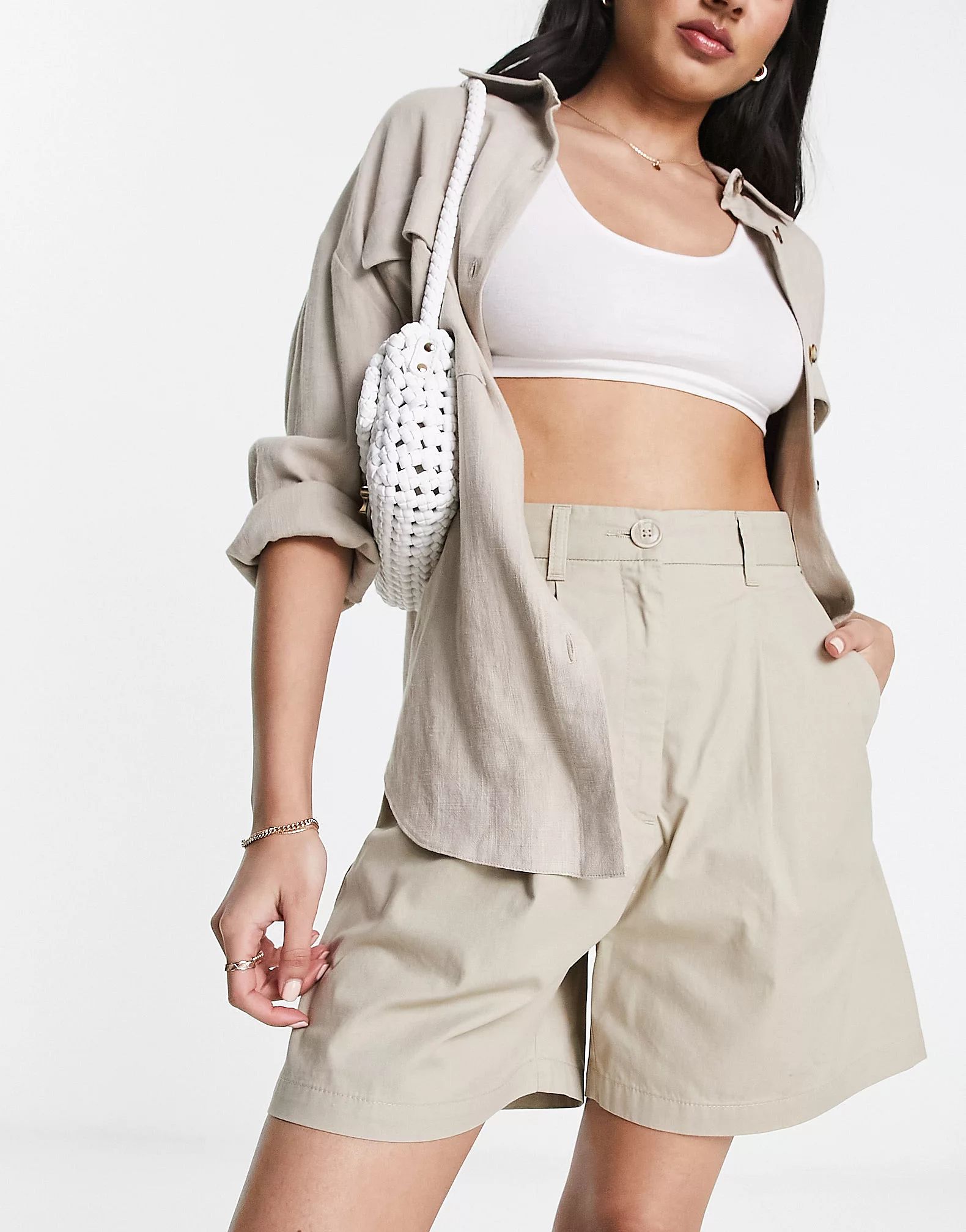 Monki tailored turn-up shorts in beige | ASOS (Global)