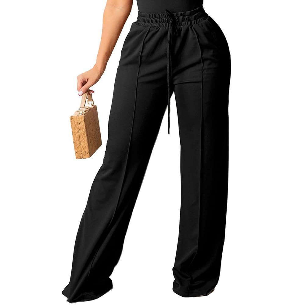 PINSV Women's Casual Wide Leg Pants High Waisted Drawstring Baggy Sweatpants Elastic Straight Leg... | Amazon (US)