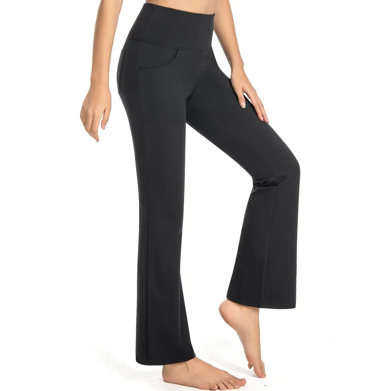 GymCope Flare Leggings for Women, Tummy Control Workout Yoga Pants with Pockets, Black, US Size L | Walmart (US)
