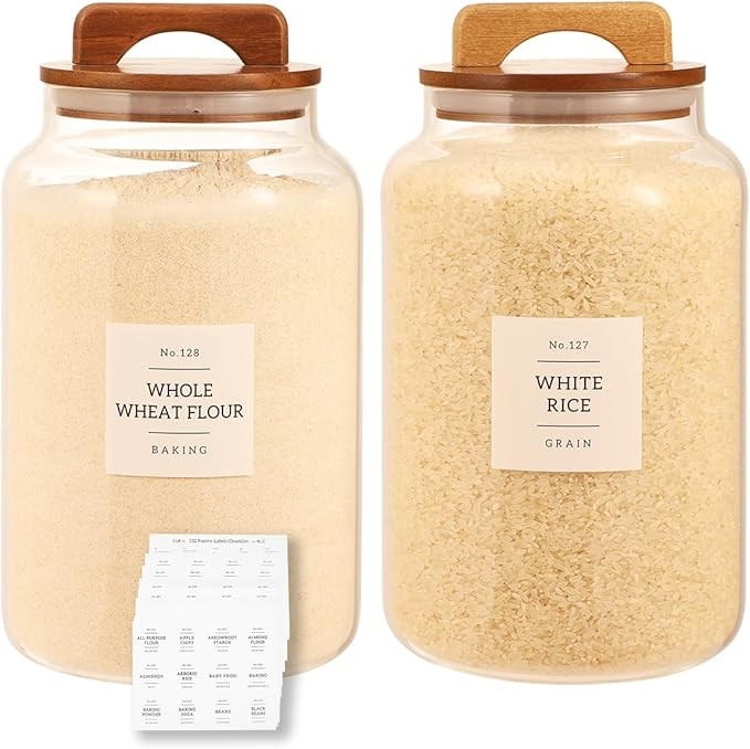 2 Pack Large Glass Flour and Sugar Containers with 132 Pantry Labels - 1 Gallon Glass Canisters w... | Amazon (US)
