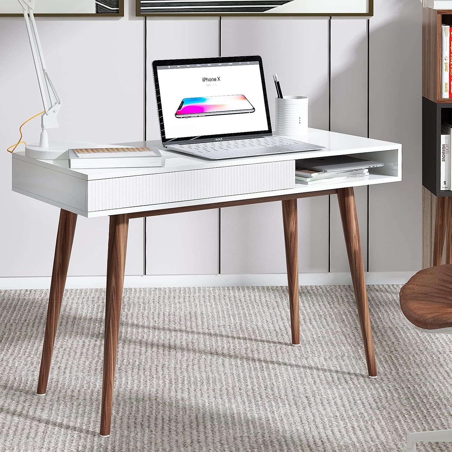 Arts wish White Writing Desk with Drawers Mid Century Modern Desk, Wood Office Desk Computer Desk... | Amazon (US)