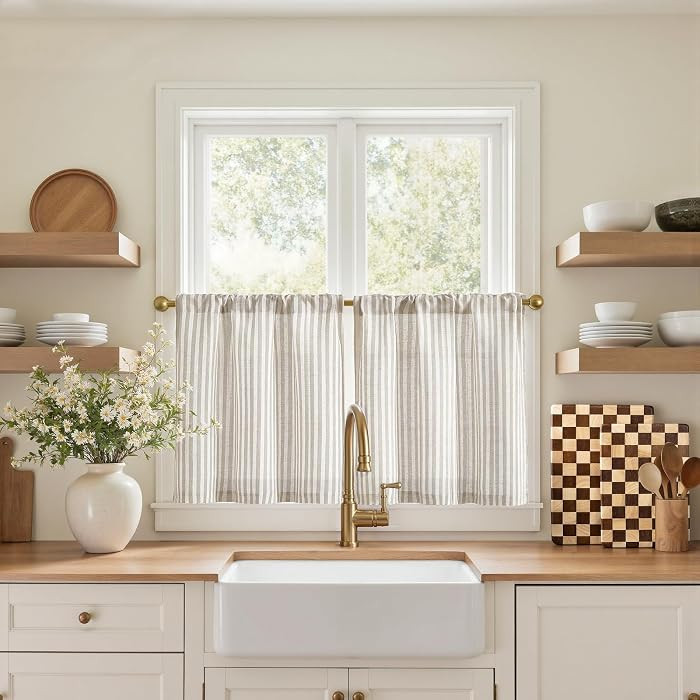 jinchan Striped Linen Kitchen Curtains 20 Inches Tier Curtains Farmhouse Modern Cafe Style Small ... | Amazon (US)