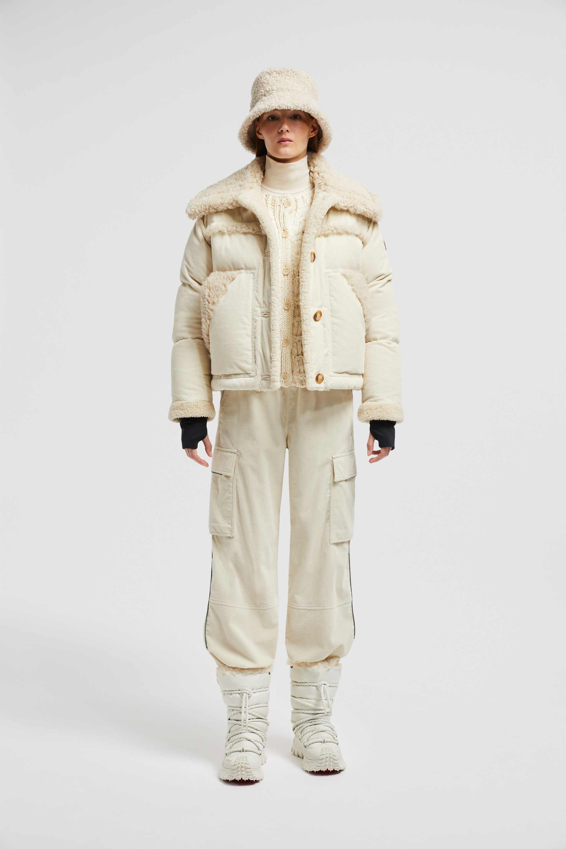 White Ivory Caleu Corduroy Shearling Short Down Jacket - Short Down Jackets for Women | Moncler U... | Moncler