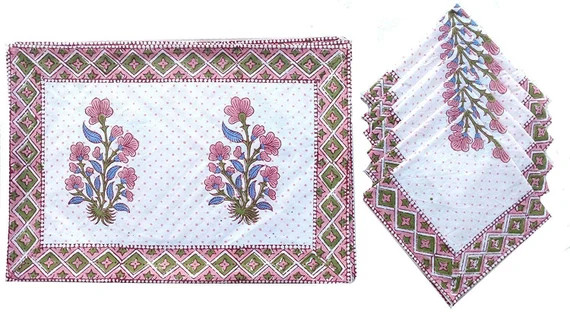 Dining Table Mats & Napkins set of 6 Made with Pure cotton and Hand-block printed Design | Etsy (US)