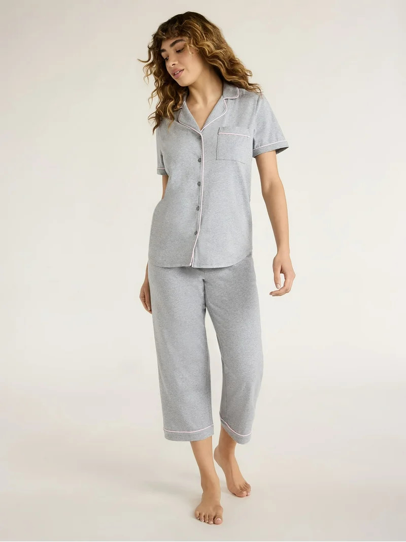Joyspun Women's Cotton Blend Notch Collar Top and Capri Pants Pajama Set, 2-Piece, Sizes S to 4X | Walmart (US)