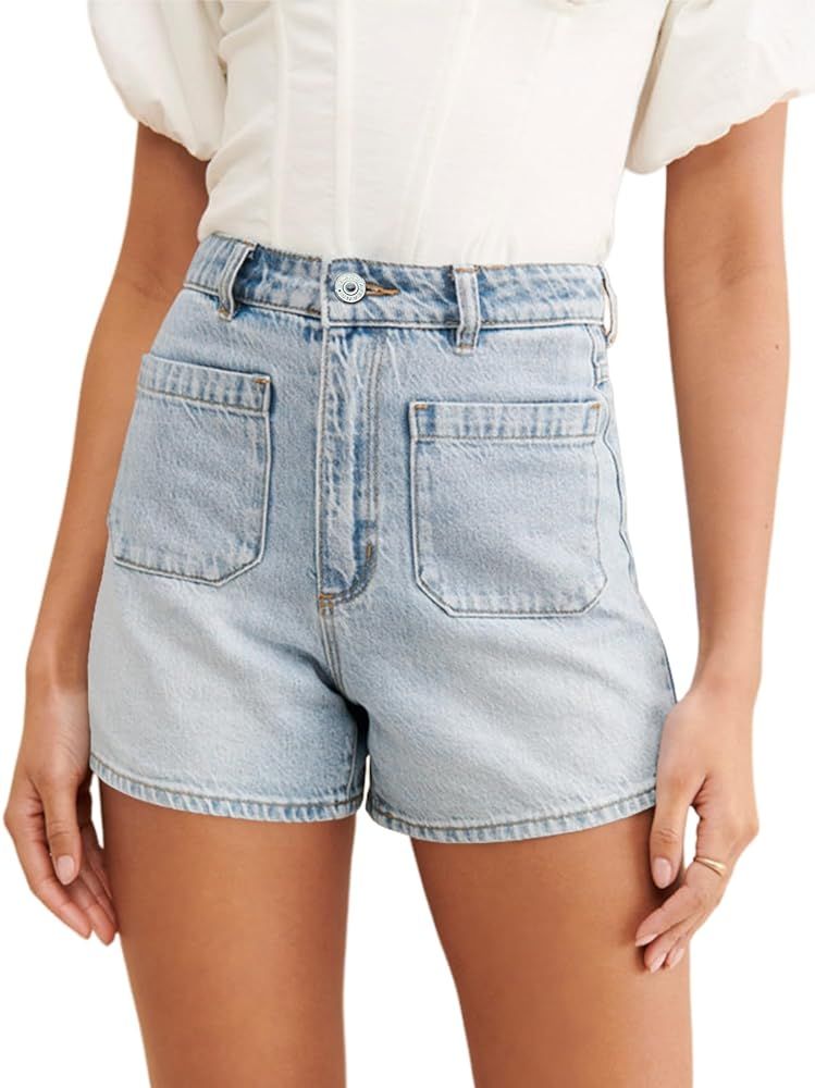 PLNOTME Womens High Waisted Denim Shorts Straight Leg Summer Casual Short Jeans with Front Pocket... | Amazon (US)