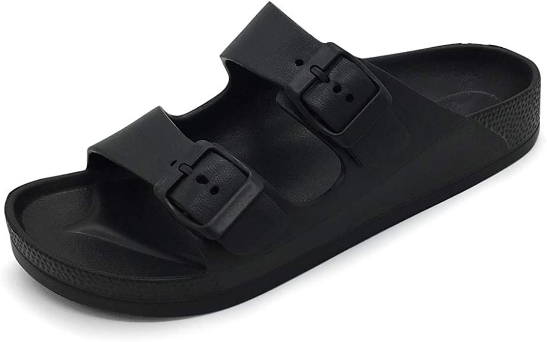 Amazon.com | FUNKYMONKEY Women's Comfort Slides Double Buckle Adjustable EVA Flat Sandals (6 M US... | Amazon (US)