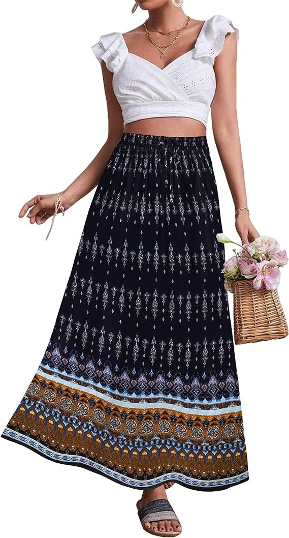 Zeagoo Women's 2024 Boho Floral Skirt Casual Elastic High Waist Maxi Skirts Flowy A Line Beach Lo... | Amazon (US)