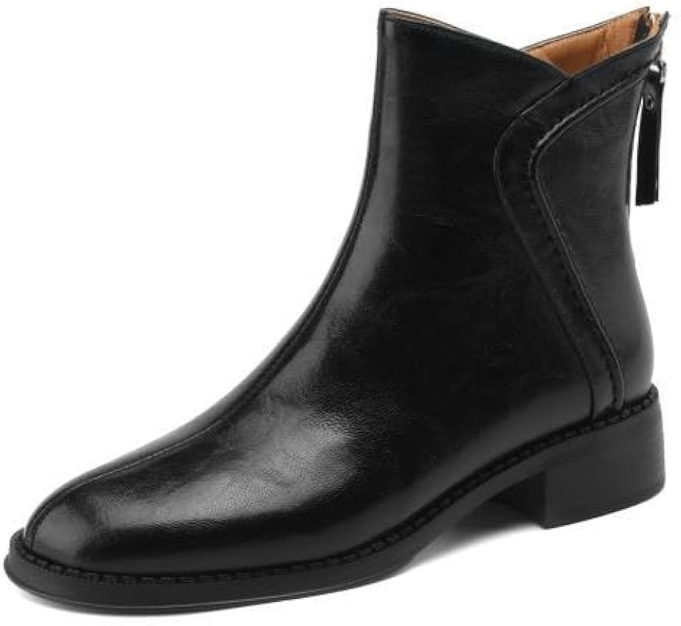 TinaCus Women's Handmade Genuine Leather Back Zip Stitching Round Toe Chunky Heel Ankle Boots | Amazon (US)