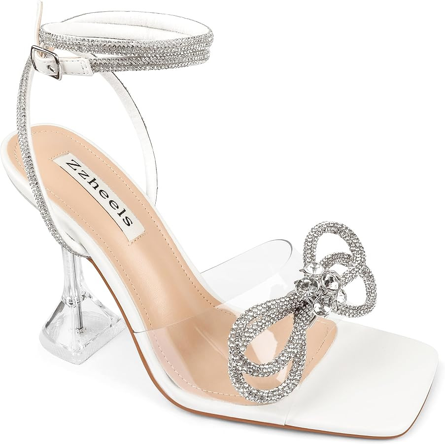 Zzheels Double Bowknots Crystal Sandals Clear Slingback Heels Square Toe Shoes for Party Wedding | Amazon (US)