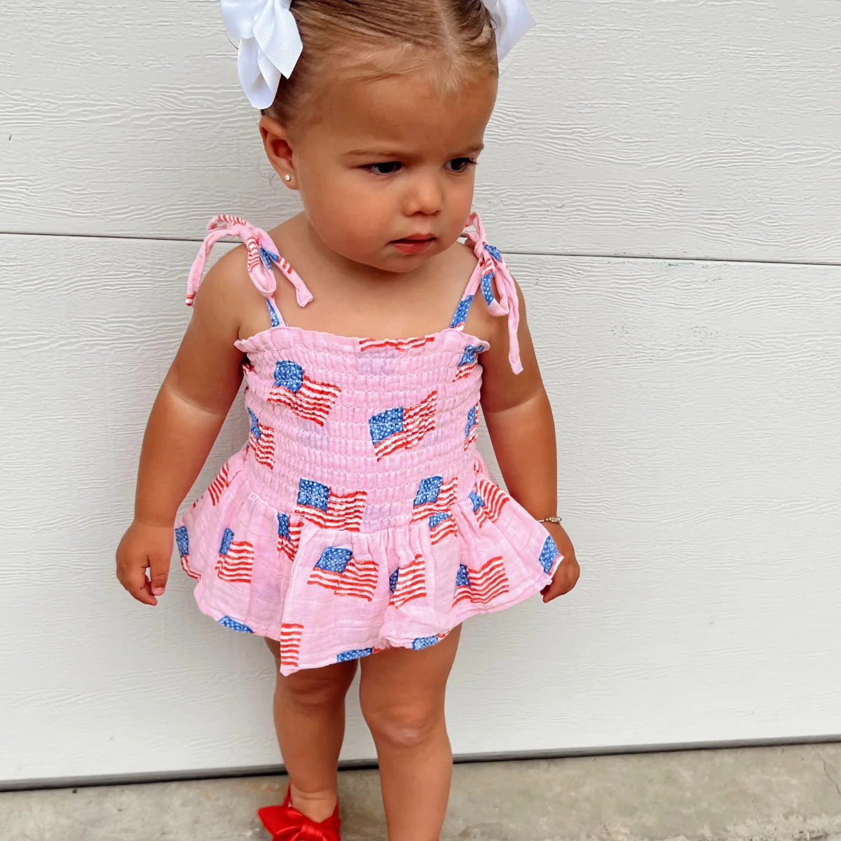 Muslin Smocked Bubble w/ Skirt, American Flag Pink | SpearmintLOVE