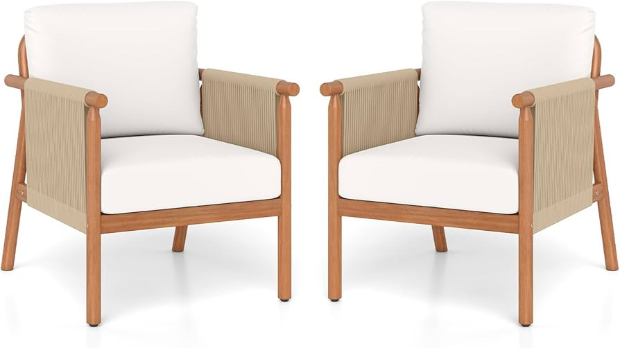 Tangkula Acacia Wood Patio Club Chair Set of 2, Boho Accent Chair with Woven Rope Armrests & Seat... | Amazon (US)