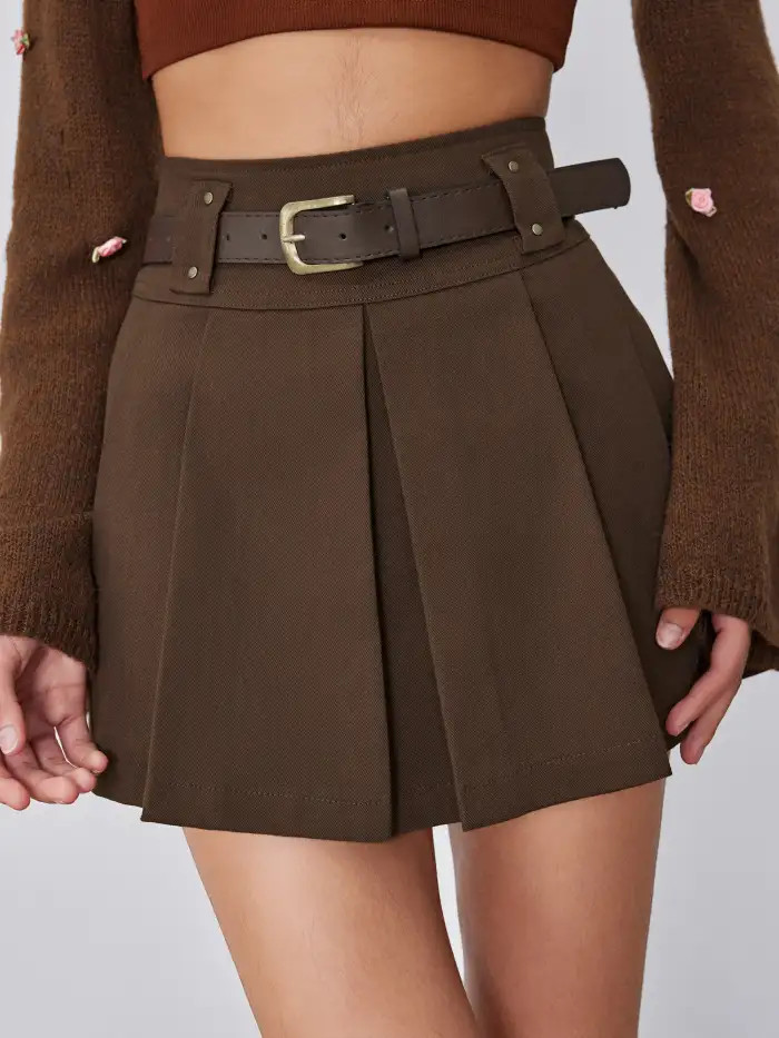 Mid Waist Solid Pleated Skort with Belt | Cider
