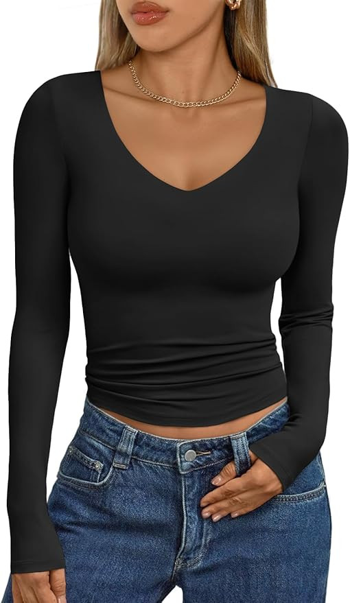 Trendy Queen Womens Double Lined V Neck Long Sleeve Shirt 2025 Fall Fitted Crop Top Going Out Bas... | Amazon (US)